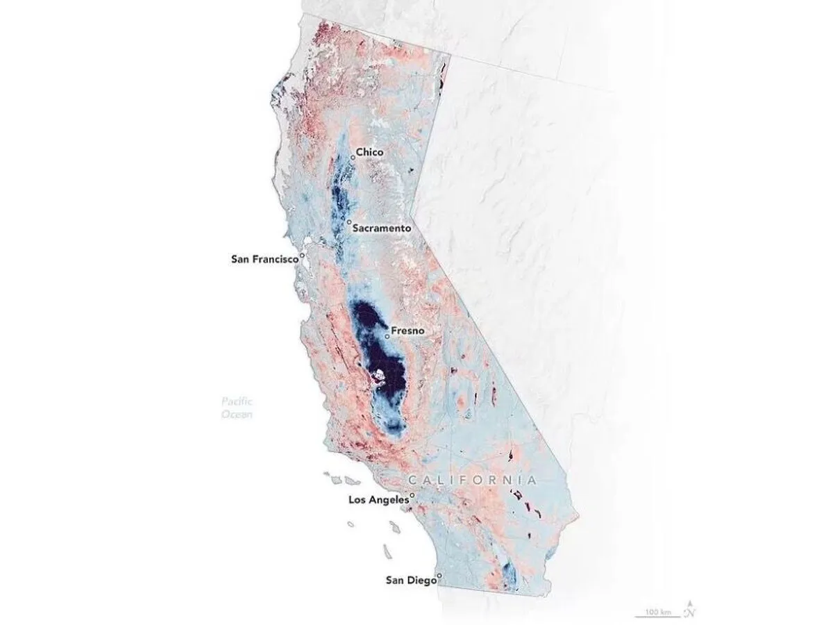 Карта показує частини Каліфорнії, вразливі до підвищення рівня моря через зміну клімату, позначені синім кольором. Фото NASA